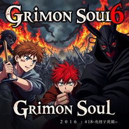 A dark fantasy anime cover titled "Grimon Soul 6" showcasing three 18-year-old boys in an intense battle, filled with anger and fear