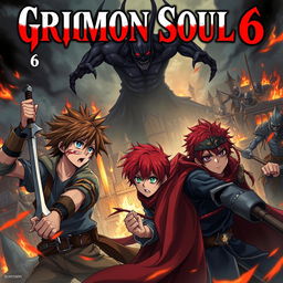 A dark fantasy anime cover titled "Grimon Soul 6" showcasing three 18-year-old boys in an intense battle, filled with anger and fear