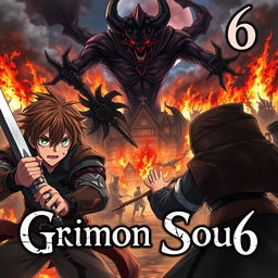 A dark fantasy anime cover titled "Grimon Soul 6" showcasing three 18-year-old boys in an intense battle, filled with anger and fear