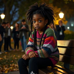 A poignant scene of a young Black girl sitting alone, looking sad and contemplative