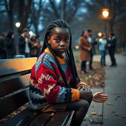 A poignant scene of a young Black girl sitting alone, looking sad and contemplative