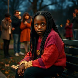 A poignant scene of a young Black girl sitting alone, looking sad and contemplative