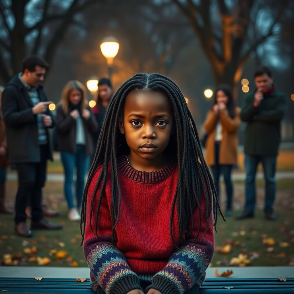 A poignant scene of a young Black girl sitting alone, looking sad and contemplative