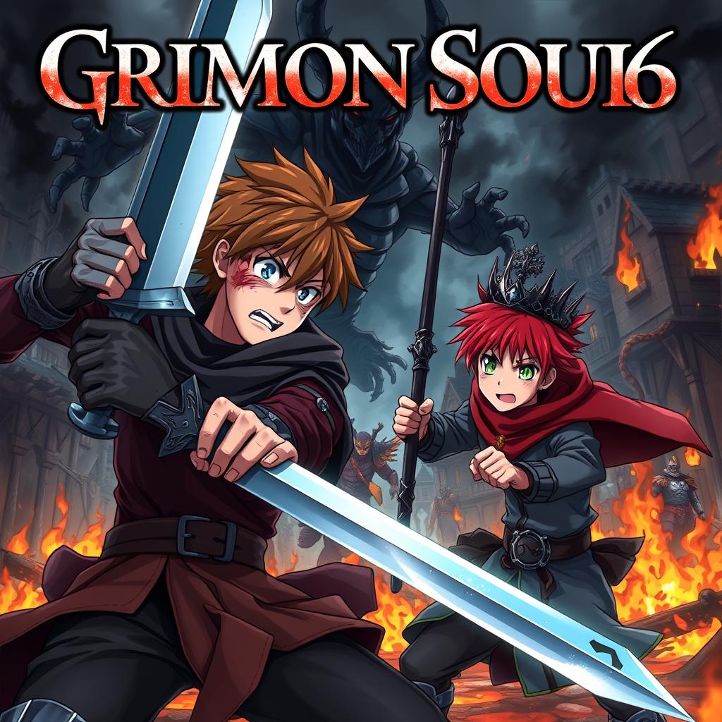 A dark fantasy anime cover titled "Grimon Soul 6" featuring two 18-year-old boys displaying anger and fear as they engage in a fierce battle