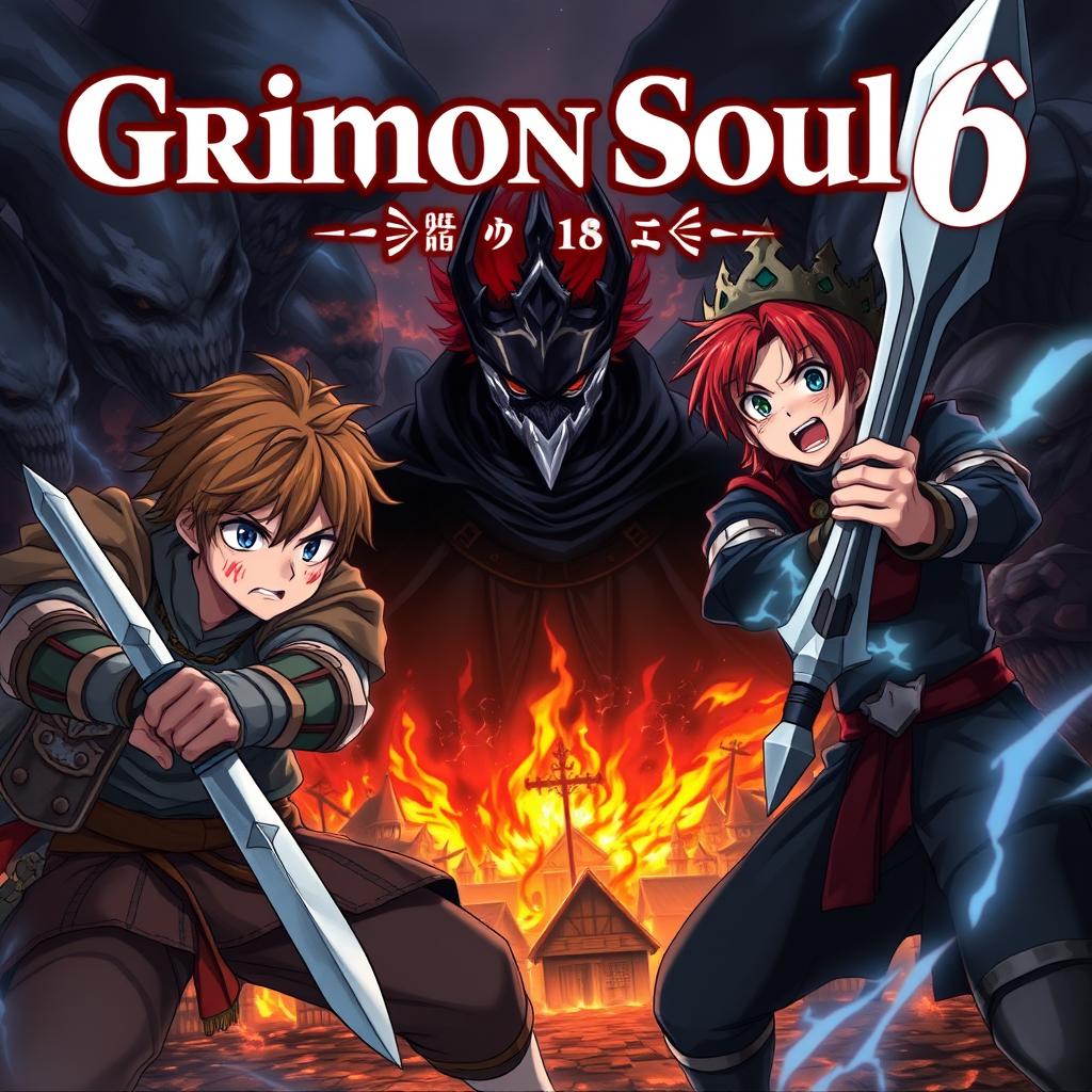 A dark fantasy anime cover titled "Grimon Soul 6" featuring two 18-year-old boys displaying anger and fear as they engage in a fierce battle