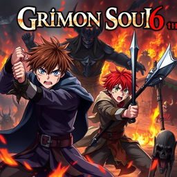 A dark fantasy anime cover titled "Grimon Soul 6" featuring two 18-year-old boys displaying anger and fear as they engage in a fierce battle