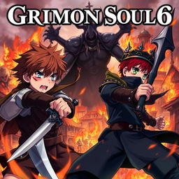 A dark fantasy anime cover titled "Grimon Soul 6" featuring two 18-year-old boys displaying anger and fear as they engage in a fierce battle