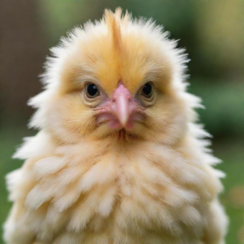 A lovable, fluffy chicken with bright eyes and a soft yellow hue 