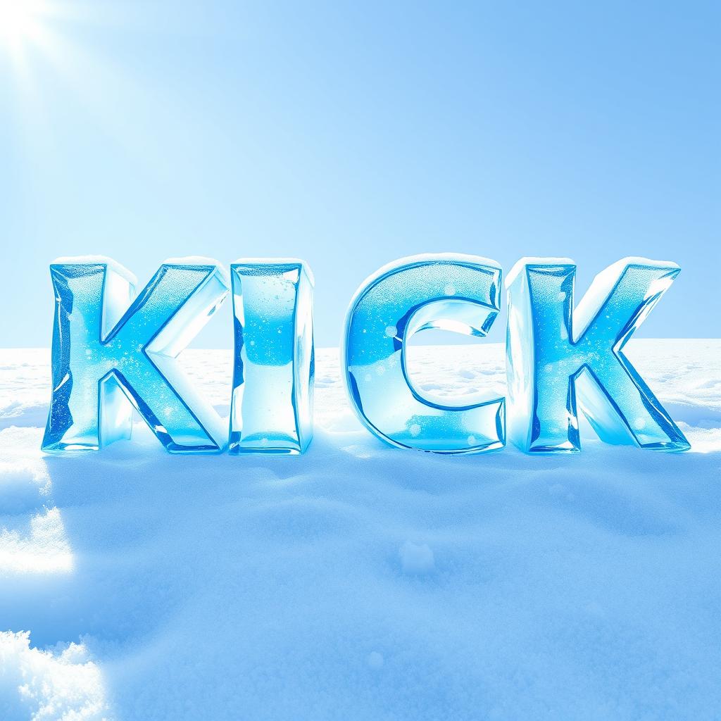 A 2D representation of the word "KICK" designed with a blue ice aesthetic, where each letter appears to be sculpted from shimmering ice with a glossy finish