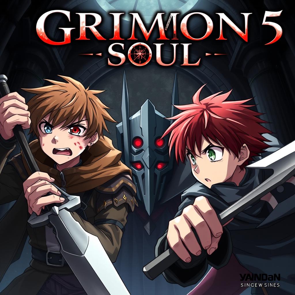 An anime dark fantasy cover titled 'Grimon Soul 5', featuring two 18-year-old boys looking angry and scared