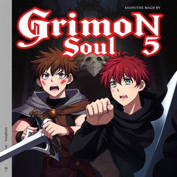 An anime dark fantasy cover titled 'Grimon Soul 5', featuring two 18-year-old boys looking angry and scared