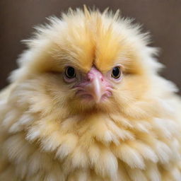 A lovable, fluffy chicken with bright eyes and a soft yellow hue 