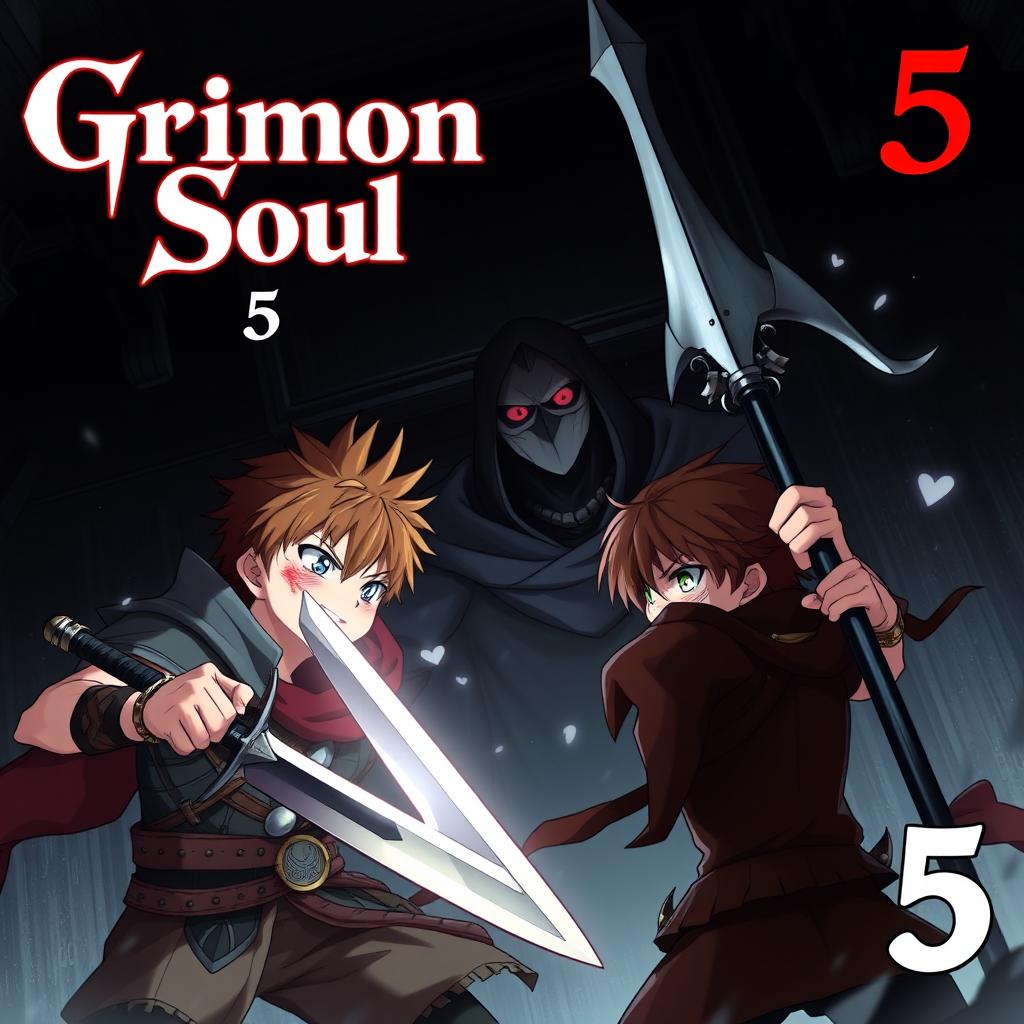 An anime dark fantasy cover titled 'Grimon Soul 5', showcasing two angry and frightened 18-year-old boys engaged in battle