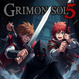 An anime dark fantasy cover titled 'Grimon Soul 5', showcasing two angry and frightened 18-year-old boys engaged in battle