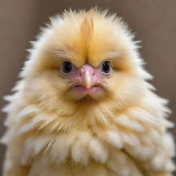 A lovable, fluffy chicken with bright eyes and a soft yellow hue 