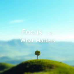 A captivating book cover for the title "Focus on What Matters" featuring a serene landscape with a clear blue sky and a single, elegant tree standing tall on a hilltop