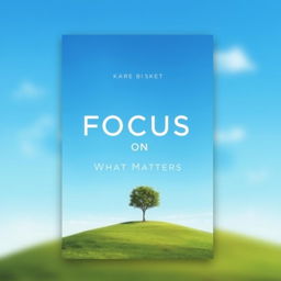 A captivating book cover for the title "Focus on What Matters" featuring a serene landscape with a clear blue sky and a single, elegant tree standing tall on a hilltop