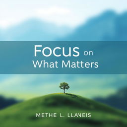 A captivating book cover for the title "Focus on What Matters" featuring a serene landscape with a clear blue sky and a single, elegant tree standing tall on a hilltop