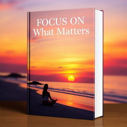 A visually striking book cover for the title "Focus on What Matters" depicting a tranquil scene of a person meditating on a peaceful beach at sunset