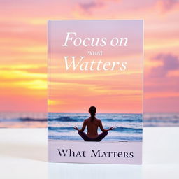 A visually striking book cover for the title "Focus on What Matters" depicting a tranquil scene of a person meditating on a peaceful beach at sunset