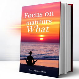 A visually striking book cover for the title "Focus on What Matters" depicting a tranquil scene of a person meditating on a peaceful beach at sunset