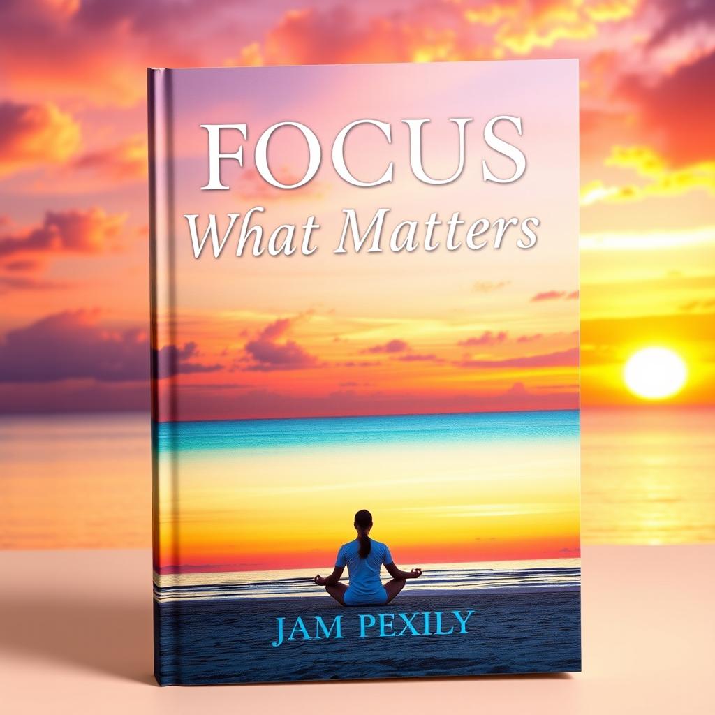 A visually striking book cover for the title "Focus on What Matters" depicting a tranquil scene of a person meditating on a peaceful beach at sunset