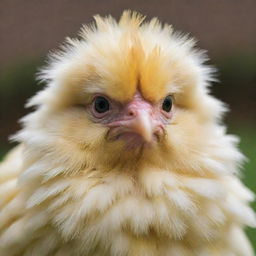 A lovable, fluffy chicken with bright eyes and a soft yellow hue 