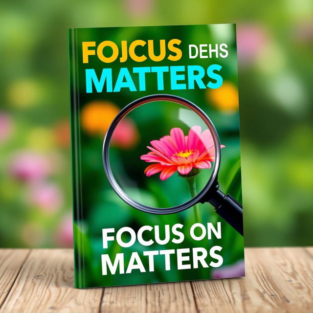 An eye-catching book cover for the title "Focus on What Matters" showcasing a close-up of a magnifying glass hovering over a vibrant, blooming flower in a lush garden