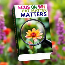 An eye-catching book cover for the title "Focus on What Matters" showcasing a close-up of a magnifying glass hovering over a vibrant, blooming flower in a lush garden