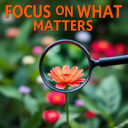 An eye-catching book cover for the title "Focus on What Matters" showcasing a close-up of a magnifying glass hovering over a vibrant, blooming flower in a lush garden