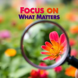 An eye-catching book cover for the title "Focus on What Matters" showcasing a close-up of a magnifying glass hovering over a vibrant, blooming flower in a lush garden