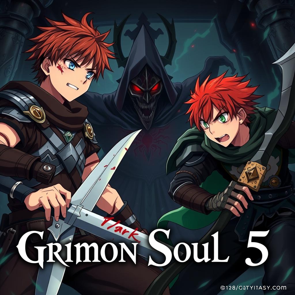 An anime cover for a dark fantasy titled "Grimon Soul 5" featuring two angry and frightened teenage boys, both aged 18, engaged in a fierce battle