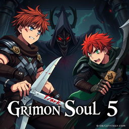 An anime cover for a dark fantasy titled "Grimon Soul 5" featuring two angry and frightened teenage boys, both aged 18, engaged in a fierce battle