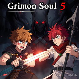 An anime cover for a dark fantasy titled "Grimon Soul 5" featuring two angry and frightened teenage boys, both aged 18, engaged in a fierce battle