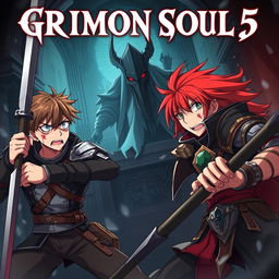 An anime cover for a dark fantasy titled "Grimon Soul 5" featuring two angry and frightened teenage boys, both aged 18, engaged in a fierce battle