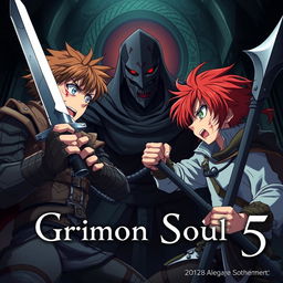 An anime cover for a dark fantasy titled "Grimon Soul 5" featuring two angry and frightened teenage boys, both aged 18, engaged in a fierce battle