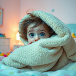 A young child peeking out from behind a cozy blanket, their wide eyes filled with a mix of curiosity and fear