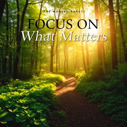 An inspiring book cover for the title "Focus on What Matters" showcasing a landscape of a peaceful forest path, dappled with sunlight filtering through the trees