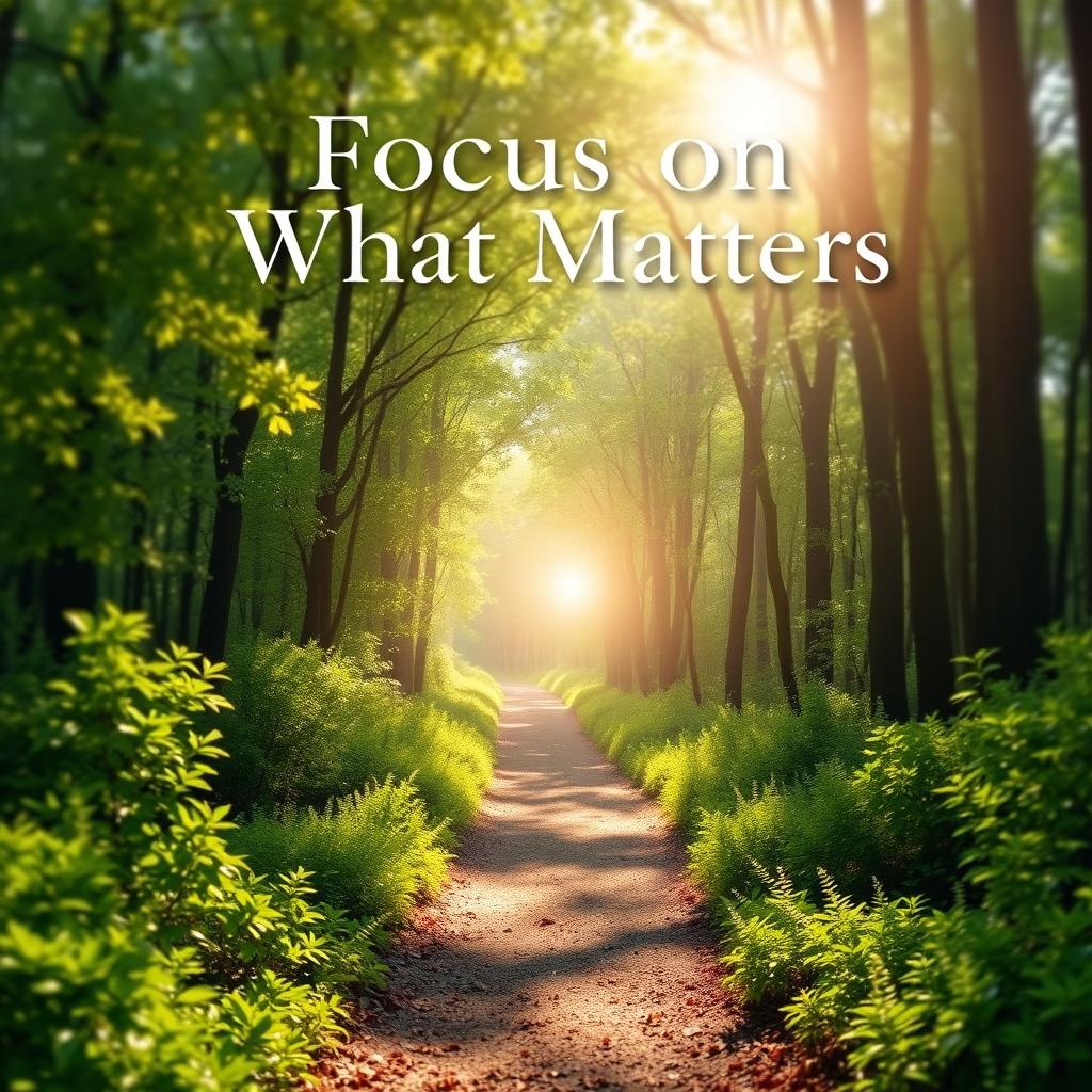 An inspiring book cover for the title "Focus on What Matters" showcasing a landscape of a peaceful forest path, dappled with sunlight filtering through the trees