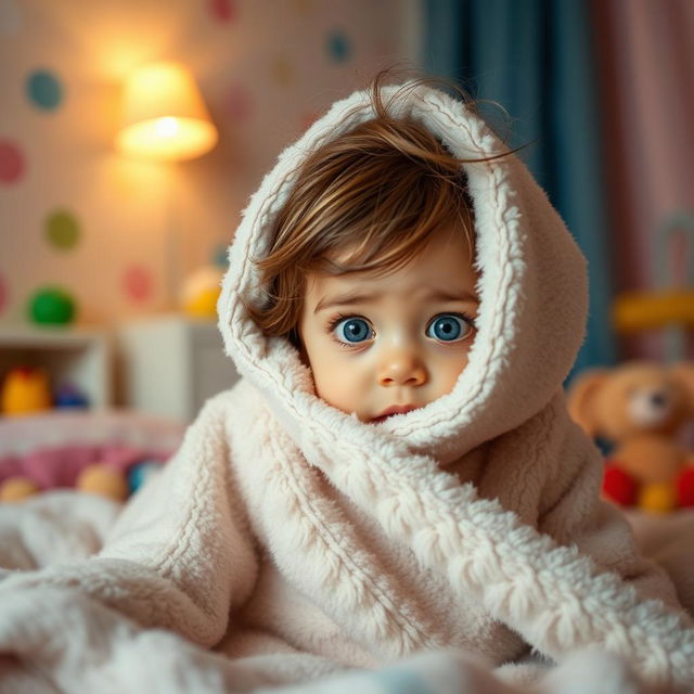 A young child peeking out from behind a cozy blanket, their wide eyes filled with a mix of curiosity and fear