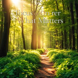 An inspiring book cover for the title "Focus on What Matters" showcasing a landscape of a peaceful forest path, dappled with sunlight filtering through the trees