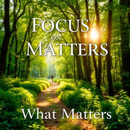 An inspiring book cover for the title "Focus on What Matters" showcasing a landscape of a peaceful forest path, dappled with sunlight filtering through the trees