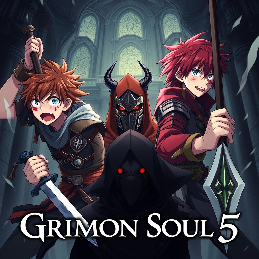 An anime cover for a dark fantasy titled "Grimon Soul 5" featuring two angry and frightened teenage boys, both aged 19, engaged in an intense battle