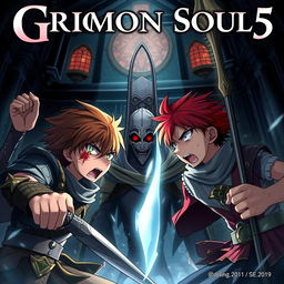 An anime cover for a dark fantasy titled "Grimon Soul 5" featuring two angry and frightened teenage boys, both aged 19, engaged in an intense battle