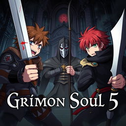 An anime cover for a dark fantasy titled "Grimon Soul 5" featuring two angry and frightened teenage boys, both aged 19, engaged in an intense battle