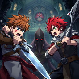 An anime cover for a dark fantasy titled "Grimon Soul 5" featuring two angry and frightened teenage boys, both aged 19, engaged in an intense battle