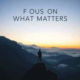 An inspiring book cover for the title "Focus on What Matters" featuring a serene mountain landscape at dawn, with mist gently rolling over the valleys