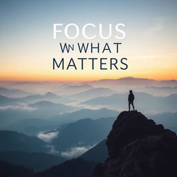 An inspiring book cover for the title "Focus on What Matters" featuring a serene mountain landscape at dawn, with mist gently rolling over the valleys