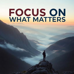 An inspiring book cover for the title "Focus on What Matters" featuring a serene mountain landscape at dawn, with mist gently rolling over the valleys