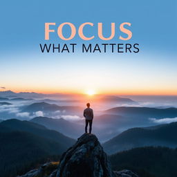 An inspiring book cover for the title "Focus on What Matters" featuring a serene mountain landscape at dawn, with mist gently rolling over the valleys